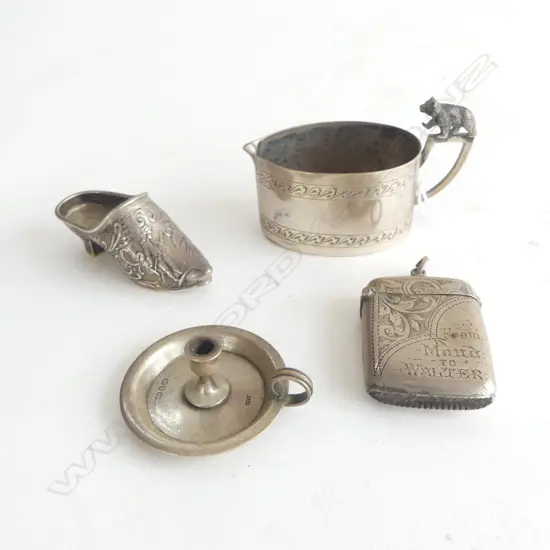 4 PCES SILVER; VESTA, SHOE, CHAMBERSTICK, JUG 58grms