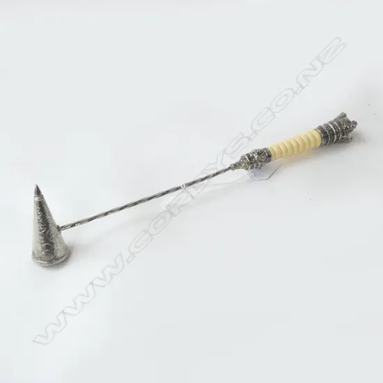 SILVER PLATED CANDLE SNUFFER with crown end & plastic handle L.350mm