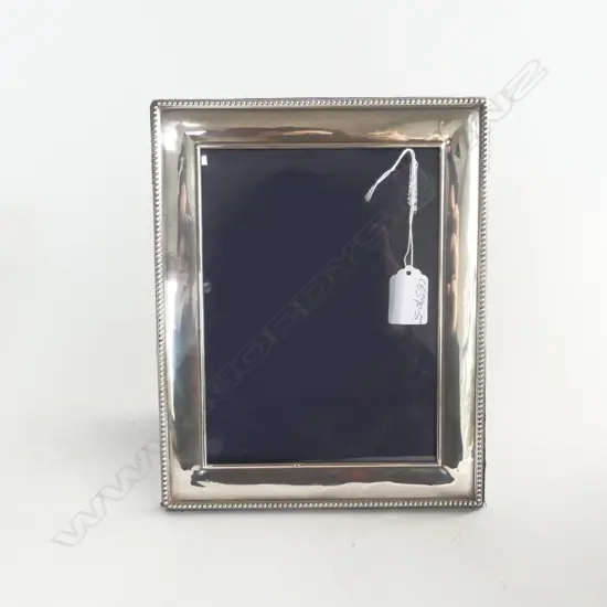 SILVER PHOTO FRAME plain form bead edge. Portrait format. Dark blue velvet backing 260 x 205mm