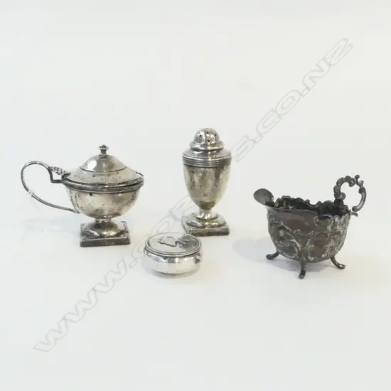 4 SILVER ITEMS: pepperette + mustard pot + fancy cream jug + rouge pot 130gms