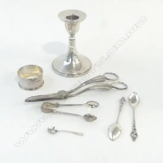 SILVER: 3 SPOONS + TONGS + NAPKIN RING 45gms + silver candlestick (wood base) + s/plate grape scissors