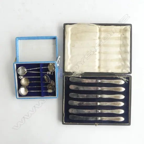 2 SETS CASED STG CUTLERY; 6 ORIENTAL SPOONS 32grms + 6 STG HANDLED PATE KNIVES AF 