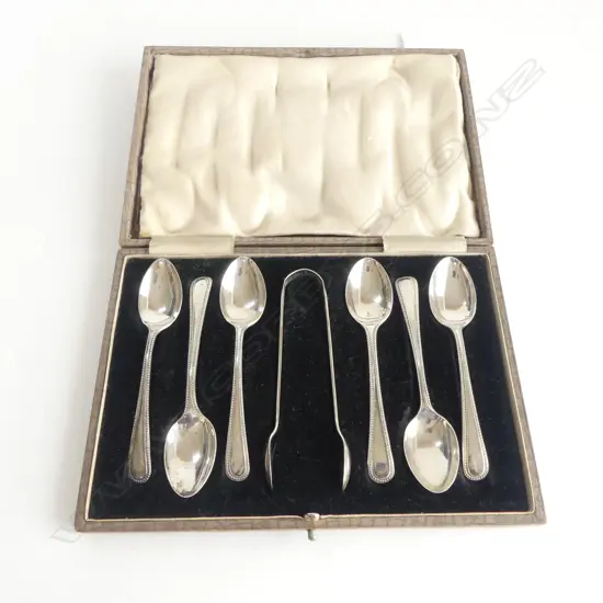 CASED SET OF 6 TEASPOONS + SUGAR TONG, CHESTER 1912,100gms