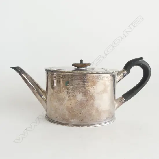 GEORGE III SILVER PLATE CAN SHAPE TEAPOT restrained engraved bands & cartouche 