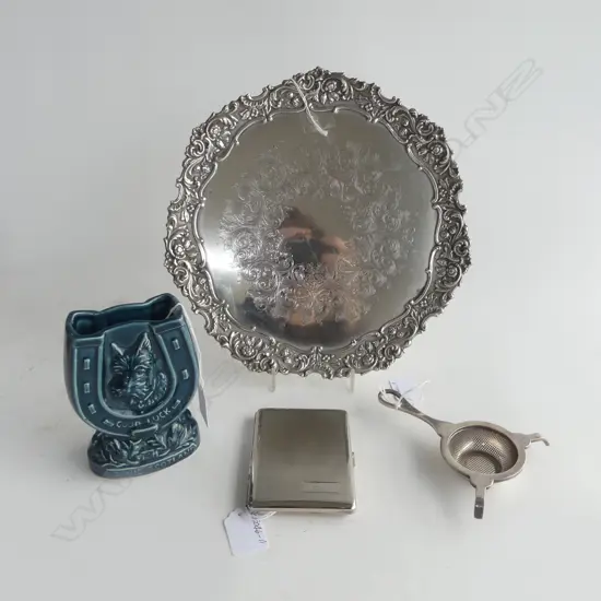 3 PCS SILVER PLATE 1774 SALVER REPRO, VINTAGE HARRODS CIGARETTE CASE, MAPPIN & WEBB TEA STRAINER & SYLVAC HORSESHOE VASE