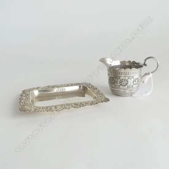 2 SILVER SMALL EMBOSSED PCES: ZODIAC symbols CREAM JUG London 1886 + PIN DISH Birmingham 1897. 79gms