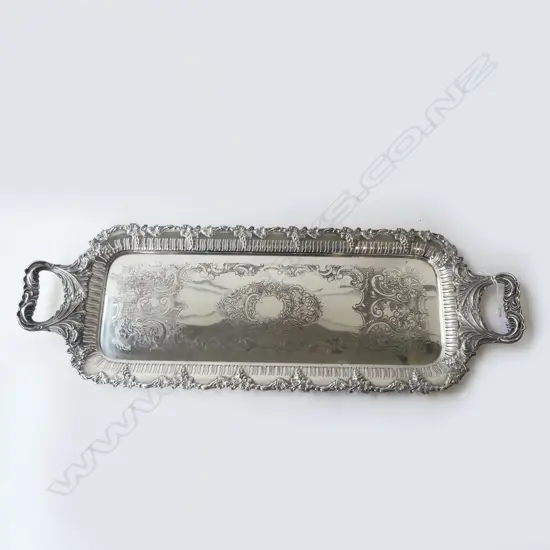 LARGE RECTANGULAR SILVER PLATED BUTLERS TRAY WITH GRAPE VINE MOTIF W.690mm