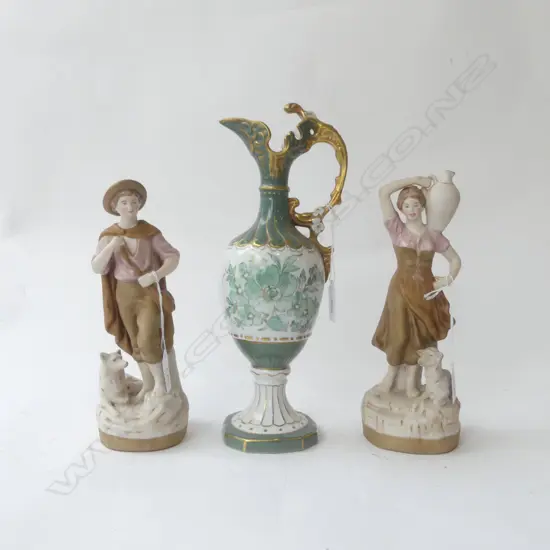 3 PCS ROYAL DUX, PR FIGURINES, H.240mm & GRN/CREAM EWER, H.300mm