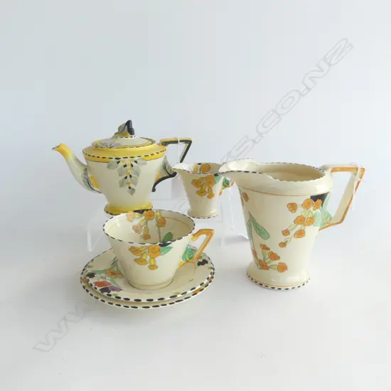 ART DECO BURLEIGH 'BOUQUET' PATTERN TEAPOT, 'MEADOWLAND' JUG + BURLEIGH TRIO w. CREAM