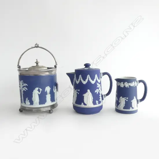 WEDGWOOD JASPERWARE BISCUIT BARREL + 2 ADAMS TUNSTALL PCES. (POT w. SMALL CHIP)
