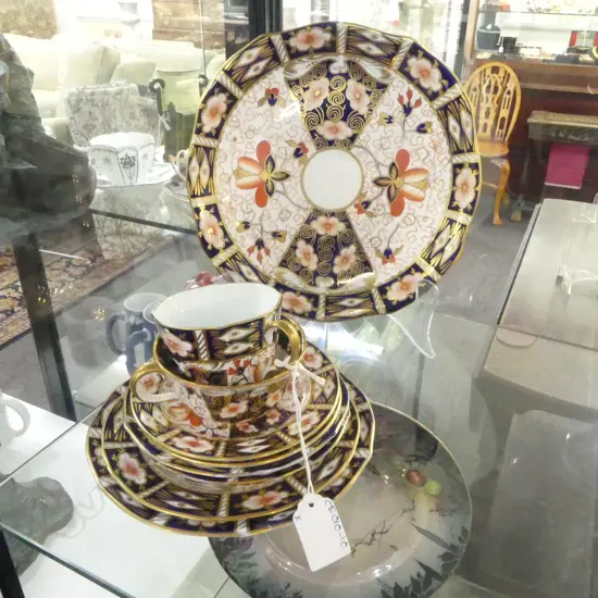 ROYAL CROWN DERBY IMARI PATTERN TRIO + 4 PLATES & CUP; 3 PLATES w. STAPLE REPAIR