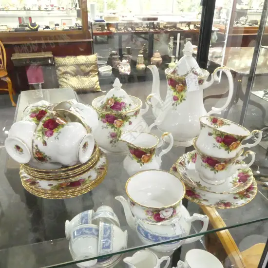 ROYAL ALBERT OLD COUNTRY ROSES COFFEE / TEA SET; 2 POTS, 6 TRIOS, MILK & SUGAR