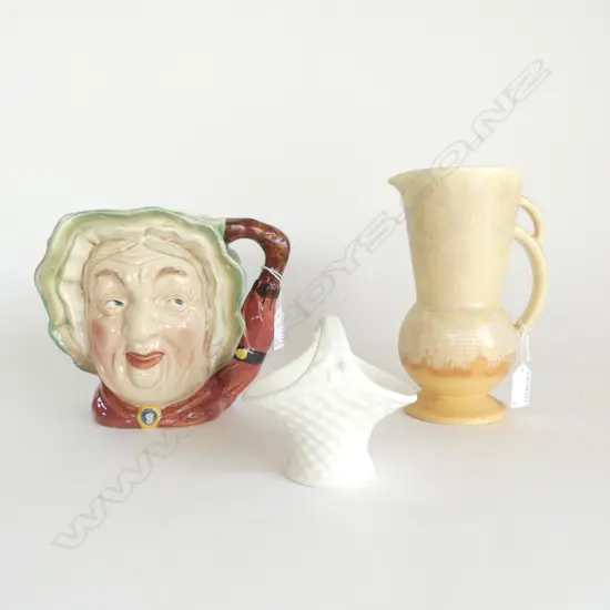 BESWICK CHARACTER JUG H170 BESWICK DECO JUG H200MM & SMALL WHITE BASKET VASE H100MM