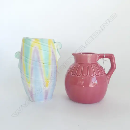 PINK GLAZED SARREGUEMINES POTTERY JUG H.180mm +SHORTER & SON POTTERY VASE H.230mm