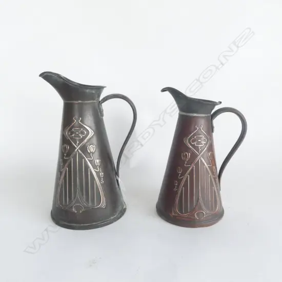 PAIR NOUVEAU JS & S MAKER COPPER JUGS, H.210mm & 185mm