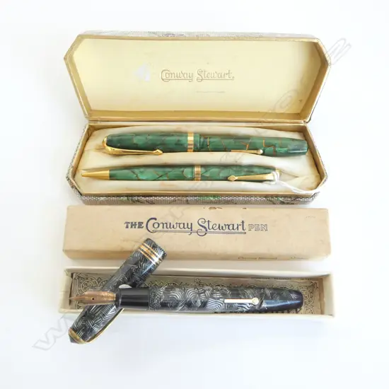 2 CONWAY STEWART FOUNTAIN PENS (14ct nibs), BOTH in ORIGINAL BOXES, 1 in BOXED SET w PENCIL