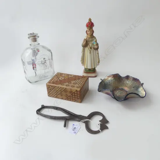 5 PCES; HOLMEGAARD BOTTLE, CARNIVAL GLASS BOWL 155mm dia, PINCERS, INLAID PUZZLE BOX, RELIGIOUS FIGURE AF H.220mm