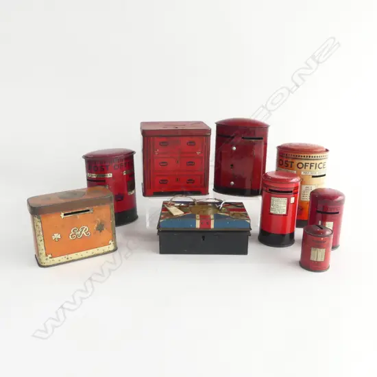 9 ASST. VINTAGE TIN MONEY BOXES; 6 AS POST OFFICE BOXES H.130mm