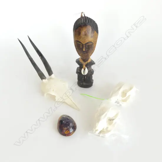 BUTTERFLY IN RESIN PENDANT, TRIBAL FIGURE H.190mm, GREY DUIKER SKULL, 2 POSSUM SKULLS