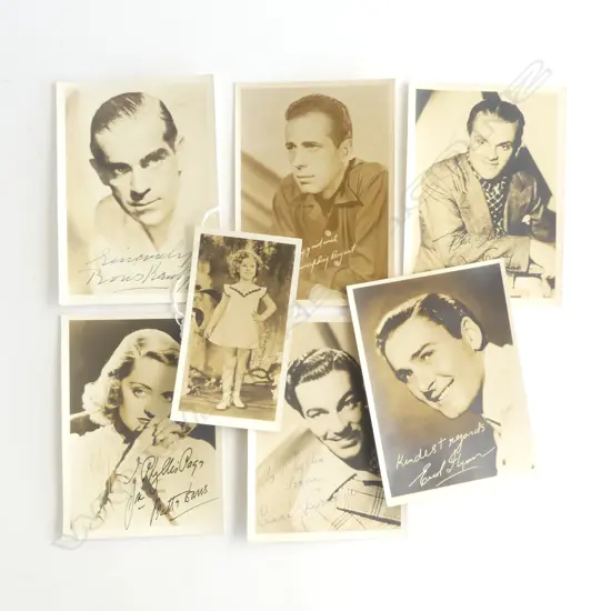 7 VINTAGE SIGNED HOLLYWOOD FILM STAR PHOTOS; BETTY DAVIS, ERROL FLYNN, HUMPHREY BOGART ETC EX JOHN PERRY ESTATE...