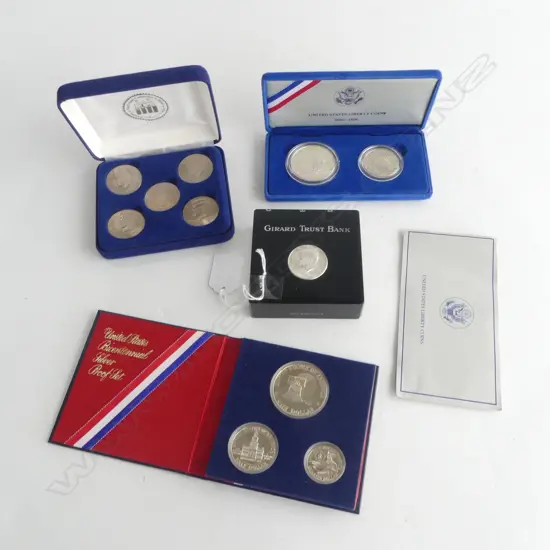 AMERICAN SILVER COINS; 3 CASED SETS + GIRARD TRUST BANK PAPERWEIGHT