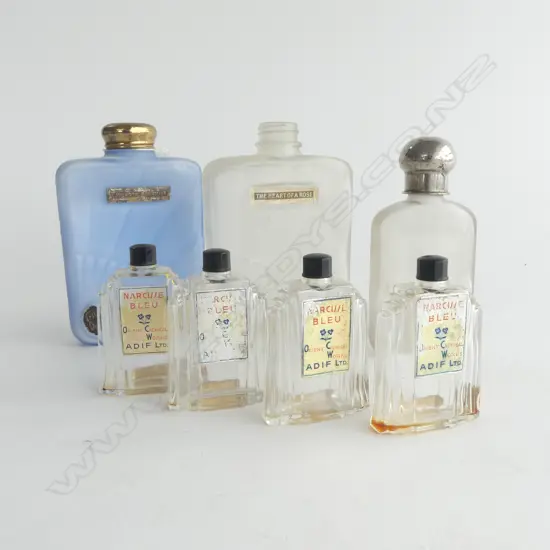 7 ASST. ART DECO PERIOD GLASS BOTTLES; LARGEST H.130mm