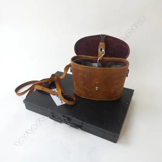 ANTIQUE BLACK METAL ARTISTS PAINT BOX W.325mm + BINOCULARS IN LEATHER CASE
