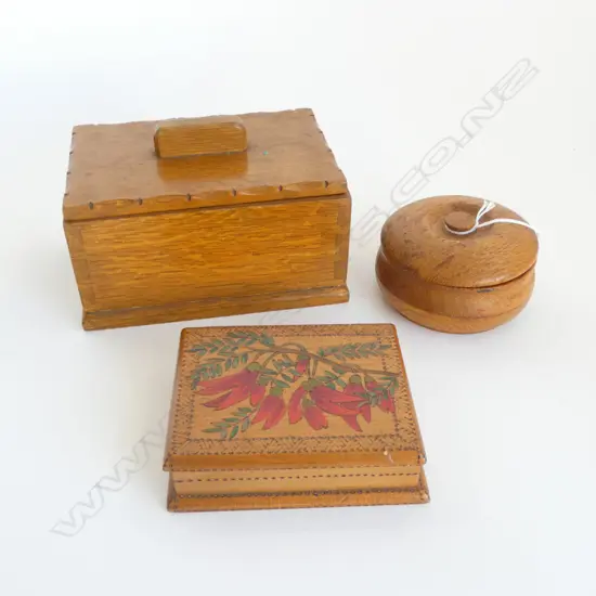 THREE VINTAGE HANDCRAFTED NZ TIMBER BOXES; ONE TURNED, ONE w KOWHAI POKERWORK & ONE w LID