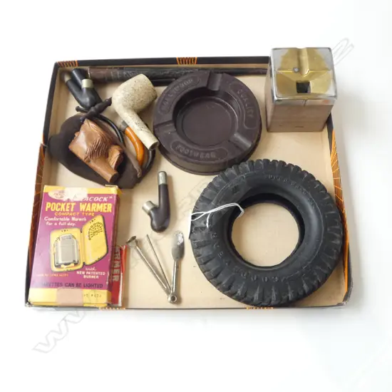ASSTD. COLLECTIBLES GOODYEAR TYRE, ASHTRAYS, PIPE PIECES, POCKET WARMER ETC  