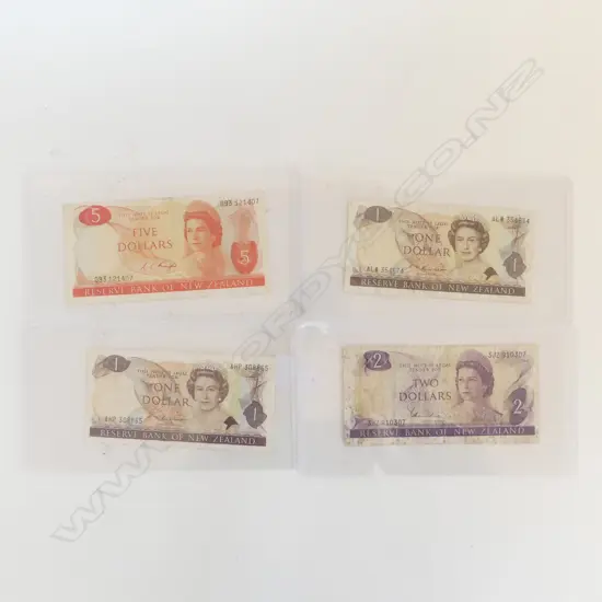 4 NZ BANK NOTES; 2x $1, $2, $5