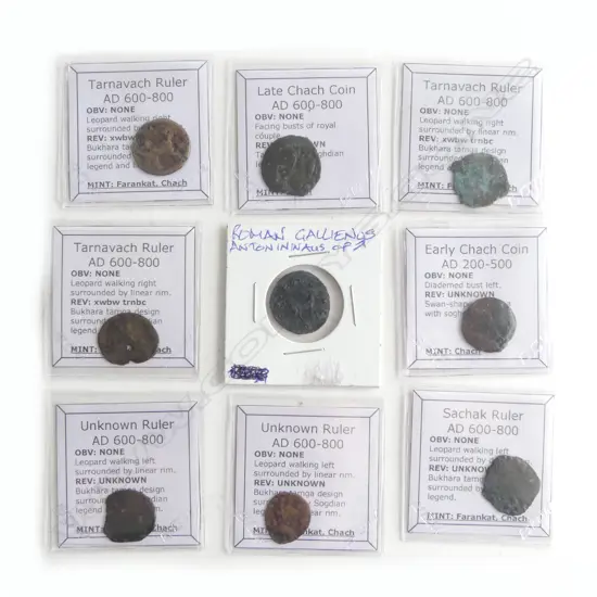 9 ANCIENT COINS; TARNAVACH ETC 20mm dia