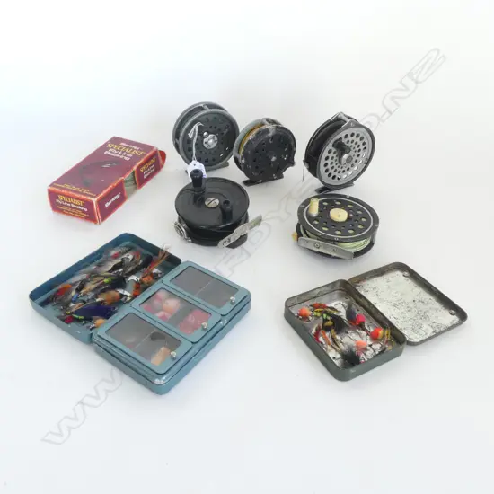 5 FISHING REELS, 2 FLY BOXES, BOX OF BACKING