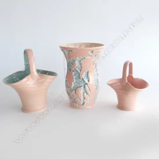 BESWICK FOREST VASE  & 2 BESWICK BASKETS PINK COLOURS H200MM TALLEST