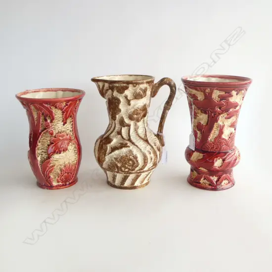2 BESWICK RED FOREST VASES  & BROWN JUG H240MM