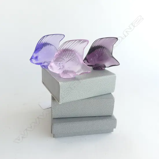 3 CASED HANDCRAFTED LALIQUE 1913 DESIGN FISH ORNAMENTS