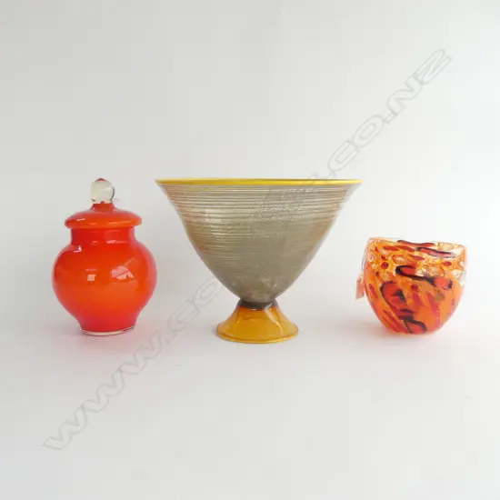 3 PCS ART GLASS; FOOTED BOWL w SILVER INFUSED GLASS H.200mm DIA.260mm signed, ORANGE/BLK/RED VASE & LIDDED ORANGE