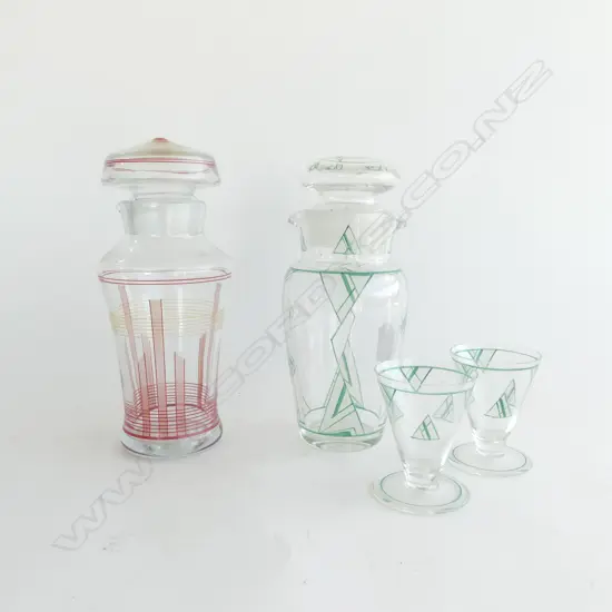 GLASS ART DECO DECANTER w. PR MATCHING GLASSES + OTHER ART DECO DECANTER