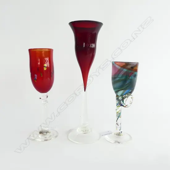 3 ART GLASS WINE GLASSES; RED PETER VIESNIK - signed '04, LYNETTE CAMPBELL GOBLET - signed '99 & 1 RAINBOW COLOURED