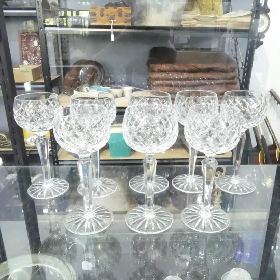 SET OF EIGHT CUT CRYSTAL WINE HOCK GLASSES, H.185MM 
