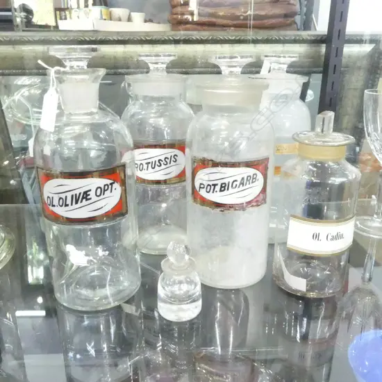 5 VINTAGE GLASS PHARMACY BOTTLES H.250mm