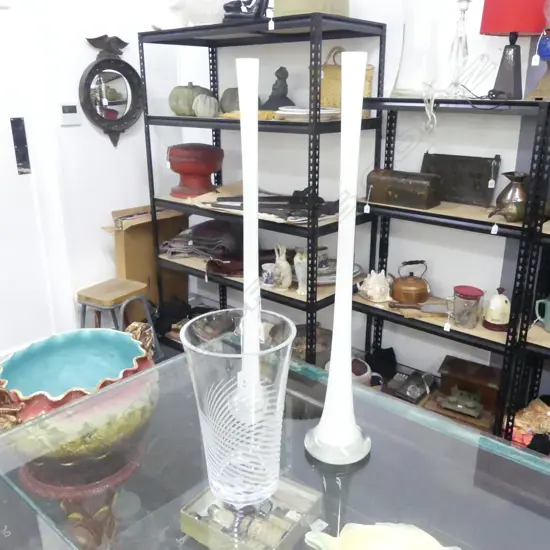 PR TALL MILK GLASS SPEC VASES H600MM & CLEAR CUT GLASS VASE H250MM