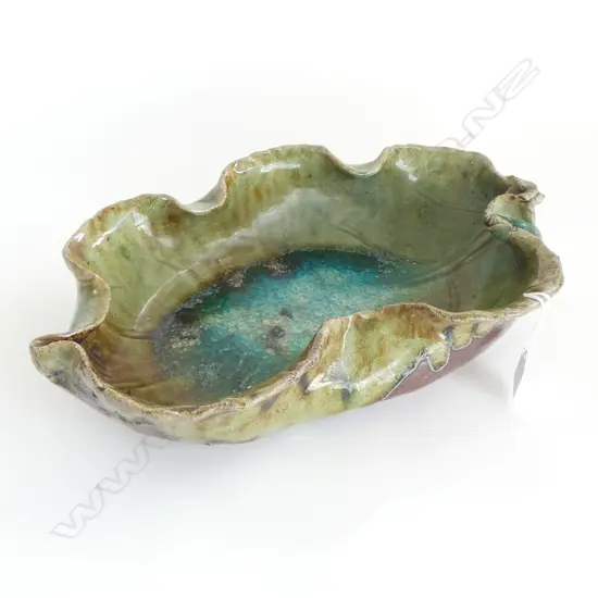 JAPANESE SHIGARAKI POTTERY c1930's IKEBANA DISH L.365mm large leaf form w thick glaze