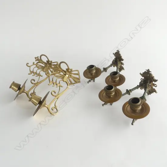 TWO SETS OF PIANO SCONCES ONE PAIR WITH DOUBLE ARMS OTHER JUST A PAIR 