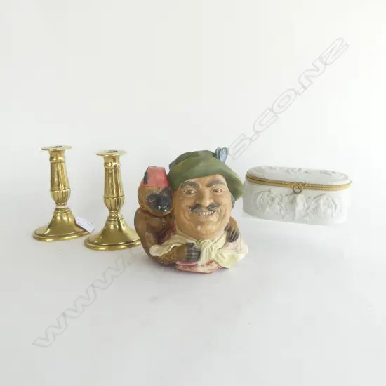 PR BRASS CANDLESTICKS H.150mm, LIMOGES BOX W.175mm, WALL PLAQUE MAN w. MONKEY