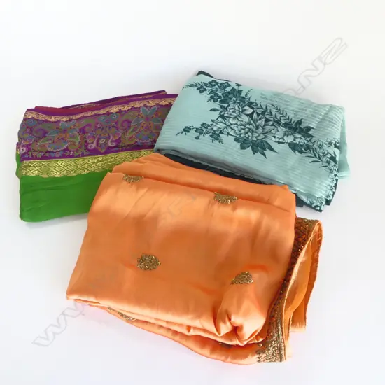 3 INDIAN SARI: Orange w gold embroidery + 2 tone printed green + dark green w purple border