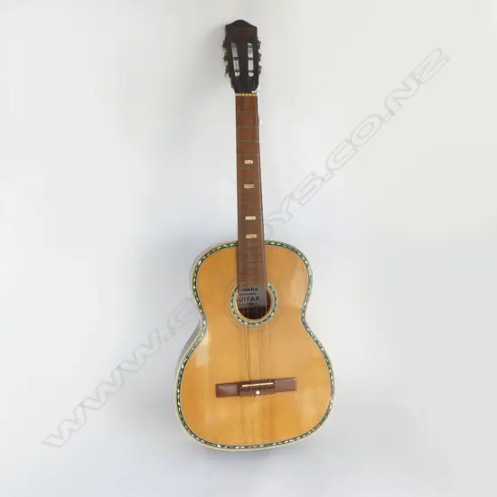 VINTAGE YAMAHA 'DYNAMIC' ACOUSTIC GUITAR labelled inside. Abalone inlaid border