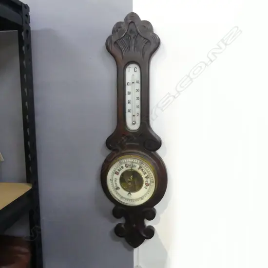 EDWARDIAN MAHOGANY WALL BAROMETER THERMOMETER L560MM