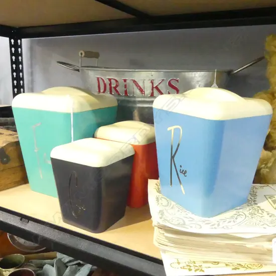 5 RETRO PLASTIC LIDDED KITCHEN CONTAINERS; FLOUR, SUGAR, RICE, TEA, COFFEE H.220mm