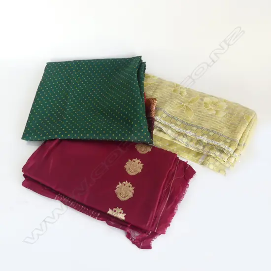 3 INDIAN SARI: maroon & gold silk embroidered + dark green w maroon border + mustard w embroidered border