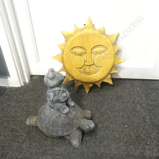 CERAMIC SUN 365mm dia + FROG ON TURTLE CONCRETE GARDEN ORNAMENT